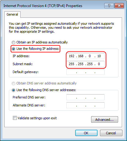 Static IP Address Settings Dialogue