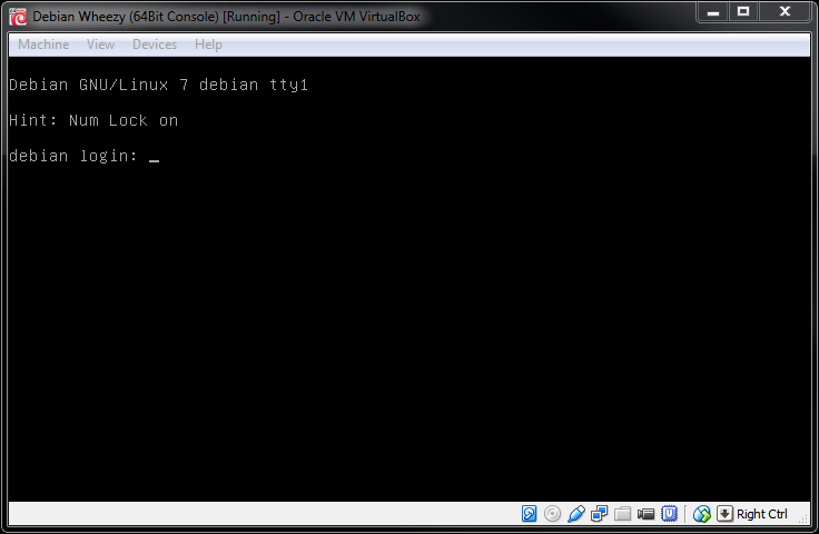 VirtualBox Wheezy 64 Console Login
